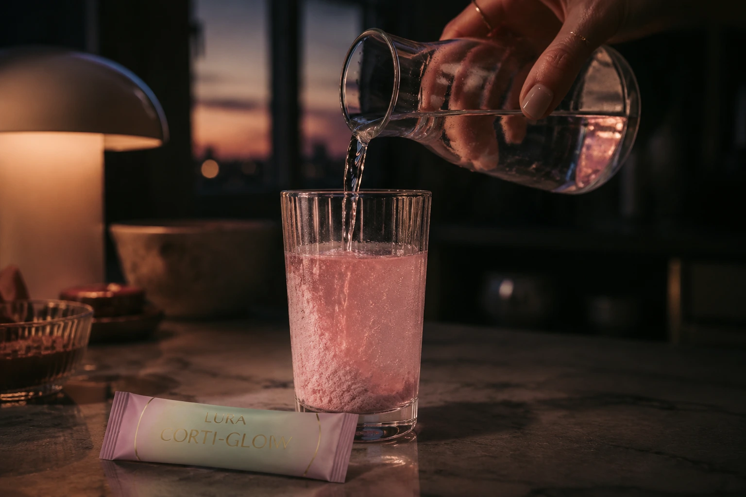 Наливане на студена вода в чаша с розова напитка Corti-Glow по здрач